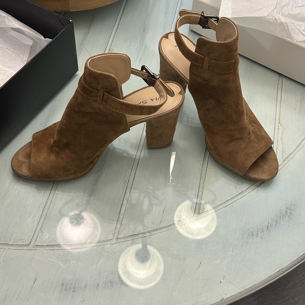 Via Spiga Brown Suede Chunky Heel Peep-Toe Heels